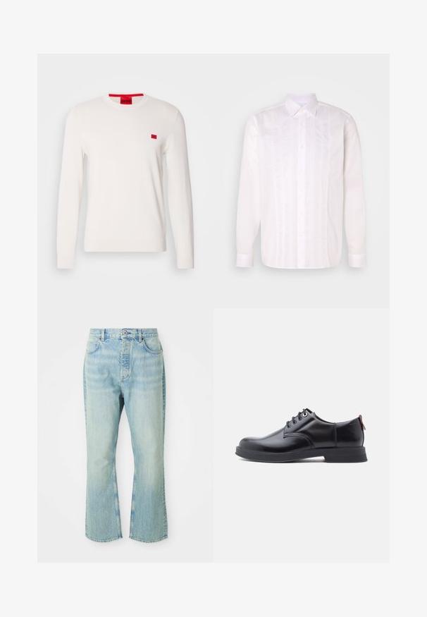 Suéter de cuello redondo blanco con mangas largas, hecho de un tejido suave. Presenta un pequeño parche de logo rojo en el pecho y una etiqueta contrastante roja en el cuello.; Camisa blanca de manga larga con cuello clásico, que presenta detalles de pliegues verticales y cierre de botones en la parte delantera.; Jeans de mezclilla de color azul claro, acampanados y de cintura alta, con cinco bolsillos, trabillas para el cinturón y un acabado desgastado.; Zapatos de piel negra con cordones, textura lisa, puntera redondeada y detalles sutiles de costura. Cuentan con una lengüeta roja en el talón.
