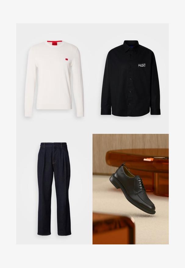 Hvid crewneck sweater med lange ærmer, lavet af blødt stof. Har en lille rød logo-patch på brystet og en kontrasterende rød mærkat ved halsudskæringen.; Sort bomuldsskjorte med knapper, der har krave og lange ærmer. Viser hvidt broderet logo på venstre brystområde.; Mørkeblå vidde denim jeans med frontfældninger og orange syninger, vist på hvid baggrund.; Sort lædersko med snørebånd og tekstureret front, svævende over beige tæppe i et moderne rum med møbler i ravfarvet toning.