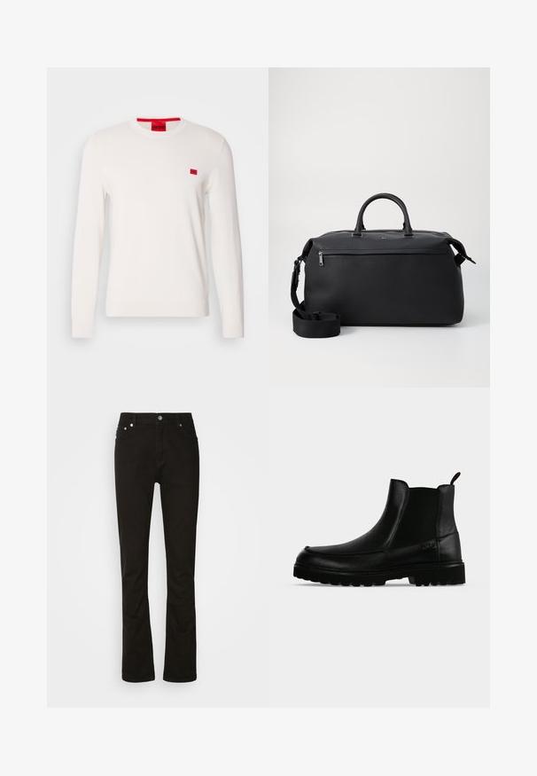 Pull en col rond blanc avec des manches longues, fabriqué en tissu doux. Il présente un petit patch logo rouge sur la poitrine et une étiquette rouge contrastante sur le col.; Jeans en denim noir au design droit, avec poches avant, braguette zippée et accents en métal argenté. Texture lisse, sans motifs.; Bottine noire en cuir avec semelle texturée, panneaux latéraux élastiques et languette de tirage sur fond gris clair.; Sac de voyage en cuir noir avec deux poignées supérieures, une bandoulière amovible et une poche avant zippée pour un espace de rangement supplémentaire.