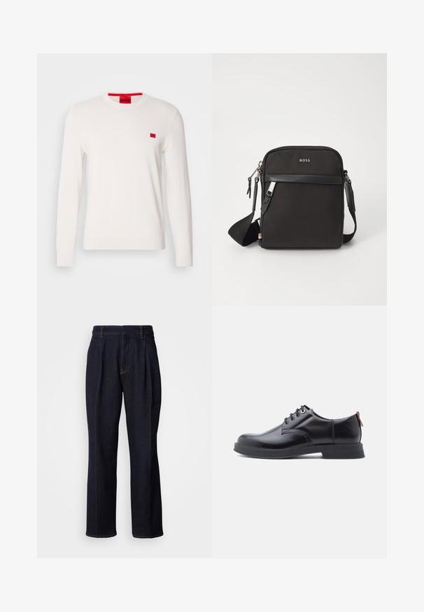 Pull en col rond blanc avec des manches longues, fabriqué en tissu doux. Il présente un petit patch logo rouge sur la poitrine et une étiquette rouge contrastante sur le col.; Jean en denim large à jambes bleues foncées avec des plis devant et des coutures orange, présenté sur fond blanc.; Chaussures en cuir noir à lacets avec une texture lisse, un bout arrondi et des détails de couture discrets. Présentent une languette rouge à l'arrière.; Sac bandoulière noir en tissu texturé, avec un logo sur le devant, fermeture éclair et une bandoulière réglable. Finitions en cuir lisse.