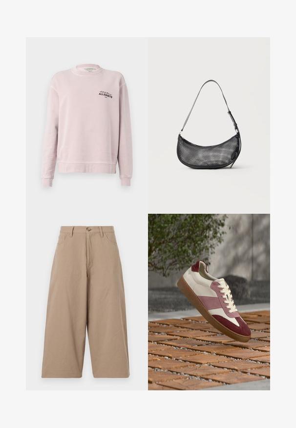 Hellrosa Sweatshirt mit langen Ärmeln, Rundhalsausschnitt, gerippten Bündchen und schwarzem Schriftzug "Infinite Summer ALLSAINTS London" auf der linken Brust.; Beige weite Baumwollhosen mit hoher Taille, frontalen Taschen und einer einzelnen Knopfverschluss. Glatte Textur und gerader Schnitt.; Weißer Ledersneaker mit bordeauxroten und rosa Veloursleder-Akzenten, mit strukturierter Sohle und klassischem Schnürdesign, erhöht über einer hölzernen Oberfläche.; Kleine schwarze Netz-Schultertasche in Halbmondform mit verstellbarem dünnem Riemen vor schlichtem, hellem Hintergrund.