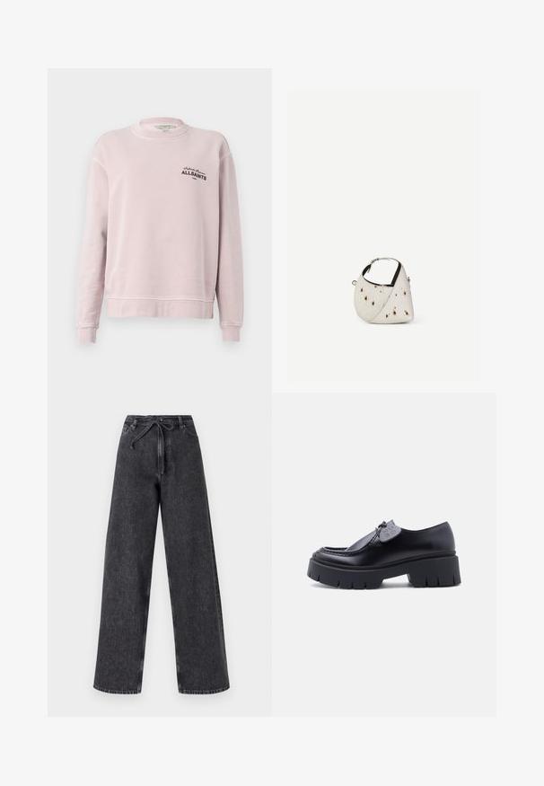 Lyserød langærmet sweatshirt med rund hals, ribkantede ærmegab og sort tekst "Infinite Summer ALLSAINTS London" på venstre bryst.; Højtaljede, brede ben sorte denim jeans med snørelukning. Har en falmet tekstur og subtile syninger.; Sort kraftig platformloafer med tyk skridsikker sål og dekorativ mærkat på snørebåndet, vist i profil på hvid baggrund.; Lille hvid håndtaske med brune pletter, afrundet trekantet form, sort indvendig foring og kort justerbar rem med sølvspænde.