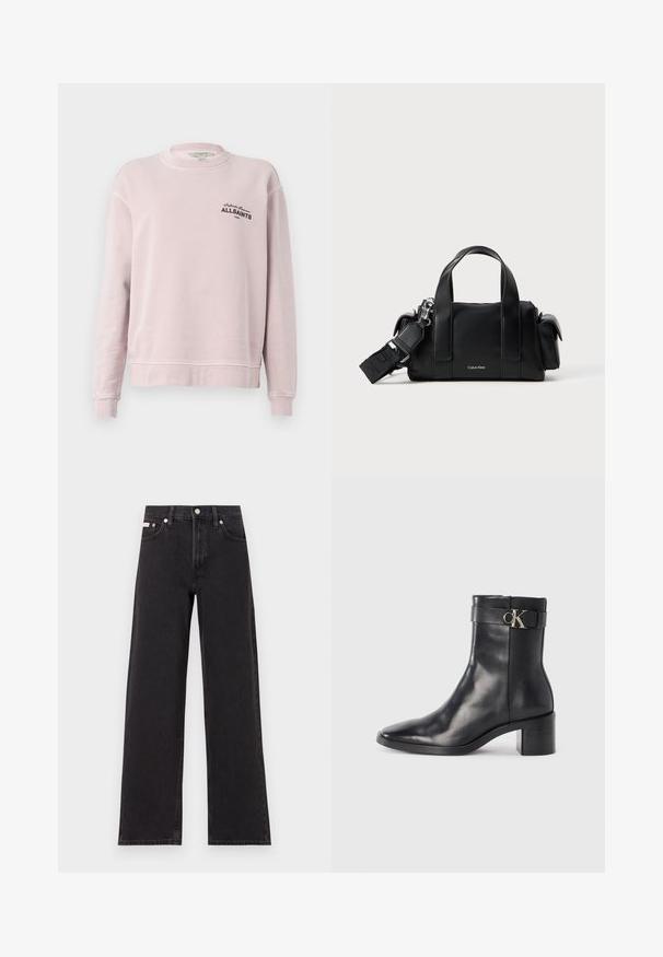 Lyserød langærmet sweatshirt med rund hals, ribkantede ærmegab og sort tekst "Infinite Summer ALLSAINTS London" på venstre bryst.; Sorte vidde jeans lavet af denim, med høj talje, fem-lomme stil og en metalknap lukning med kontrasterende syninger.; Sort læder ankelstøvle med spids tå, blokhæl og en rem med en metallisk logo detalje. Glat tekstur og minimalistisk design.; Sort lædertaske med to topbøjler og en aftagelig skulderrem. Har en lynlåslukning og et diskret logo foran.