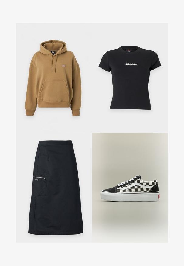 Sweat à capuche marron avec poche kangourou avant, capuche réglable par cordon, poignets et base côtelés, avec un petit patch logo Dickies sur la poitrine.; T-shirt noir ajusté à manches courtes avec logo "Dickies" blanc centré sur la poitrine et col rond.; Jupe noire longueur genou avec une poche zippée latérale arborant le logo "obey" sur un fond uni.; Baskets basses classiques à motif damier noir et blanc avec lacets blancs et semelle épaisse blanche sur fond neutre.