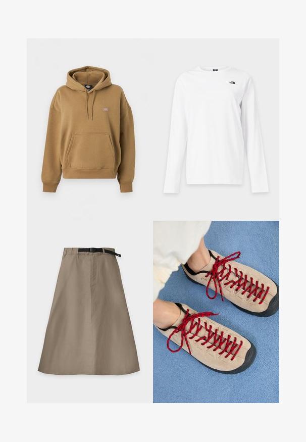 Sweat à capuche marron avec poche kangourou avant, capuche réglable par cordon, poignets et base côtelés, avec un petit patch logo Dickies sur la poitrine.; T-shirt blanc à manches longues avec col rond et petit logo noir The North Face sur le côté gauche de la poitrine.; Jupe beige trapèze avec une ceinture noire réglable intégrée et une couture avant visible, posée à plat sur un fond blanc.; Des chaussures beiges avec des lacets rouges, posées sur une surface bleue texturée, révèlent partiellement la cheville d'une personne. Les chaussures ont un design sportif.