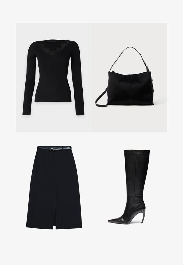 Haut noir à manches longues en maille côtelée avec un décolleté en V orné de dentelle. La texture du tissu semble lisse et ajustée, idéale pour des looks superposés.; Jupe noire à mi-cuisse avec une fente frontale, fabriquée en tissu lisse. Comprend une fine ceinture noire avec une boucle en argent et des passants.; Botte en cuir noir montante jusqu'au genou avec un bout pointu et un talon aiguille haut ; texture lisse et épurée avec de coutures subtiles et sans matériel visible.; Sac à bandoulière noir avec une surface lisse et texturée, doté d'une seule sangle et d'une fermeture éclair en haut. Forme rectangulaire compacte.