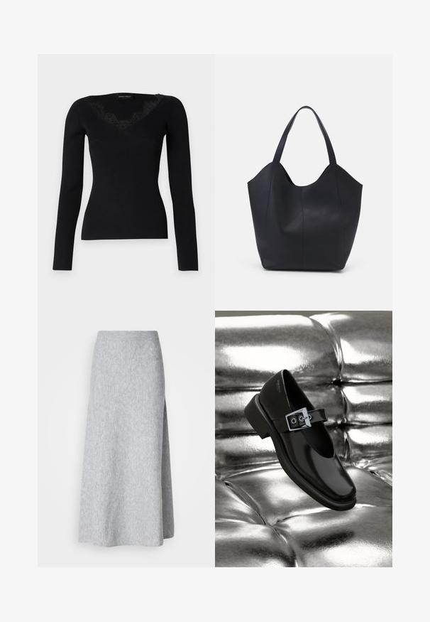 Haut noir à manches longues en maille côtelée avec un décolleté en V orné de dentelle. La texture du tissu semble lisse et ajustée, idéale pour des looks superposés.; Jupe midi en tricot doux de couleur gris clair avec une taille côtelée et une fente sur le côté, présentée sur un fond blanc.; Chaussure Mary Jane en cuir noir avec un bout carré, un accent de boucle en argent et un talon bas épais, sur un fond argenté brillant.; Sac fourre-tout noir en cuir lisse, doté d'un haut ouvert et courbé avec deux brides d'épaule et un design minimaliste.