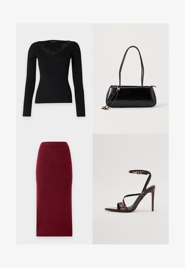 Zwarte langemouwen rib gebreide top met een V-hals en kanten accenten. De stof voelt glad en aansluitend aan, geschikt voor gelaagde looks.; Bordeaux gebreide midi-rok met een aansluitende silhouette, gladde textuur en een tailleband. Geen zichtbare naden of patronen. Effen kleur door het hele stuk.; Bordeaux gepatineerde leren hoge hakken sandaal met een enkelbandje, puntige neus en drie horizontale banden over de voet. Details met gouden gesp.; Zwarte rechthoekige handtas met twee lange bandjes, gouden ringdetail en ritssluiting op een effen lichte achtergrond.