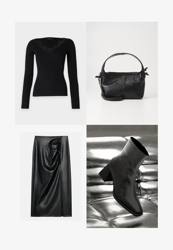 Haut noir à manches longues en maille côtelée avec un décolleté en V orné de dentelle. La texture du tissu semble lisse et ajustée, idéale pour des looks superposés.; Jupe en cuir noir avec une texture lisse, présentant une section froncée sur un côté et une fente sur le côté pour un détail supplémentaire.; Botte noire à la cheville en matériau brillant avec un bout carré et un talon effilé, sur un fond argenté brillant et capitonné.; Sac à main en cuir noir au design structuré, avec une poignée arrondie et une bandoulière amovible. Présente une texture lisse et un éclat subtil.