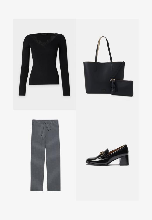 Haut noir à manches longues en maille côtelée avec un décolleté en V orné de dentelle. La texture du tissu semble lisse et ajustée, idéale pour des looks superposés.; Pantalons gris à rayures verticales avec une ceinture élastique, un détail à nouer et une coupe ample. Réalisés dans un tissu lisse, ils présentent des rayures verticales.; Mocassins à talons en cuir verni noir avec un bout arrondi, un talon plus épais et un accent en métal doré sur la sangle avant.; Sac fourre-tout noir avec un matériau texturé, deux longues anses et une pochette zippée amovible avec un détail de pompon. Logo de la marque en orvisible.
