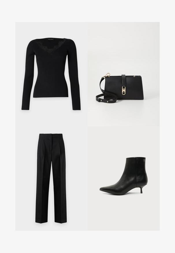 Haut noir à manches longues en maille côtelée avec un décolleté en V orné de dentelle. La texture du tissu semble lisse et ajustée, idéale pour des looks superposés.; Pantalon noir en tissu tissé, avec une coupe sur mesure, des plis, une jambe droite et un devant plat. Texture durable et lisse.; Bottine en cuir noir avec bout pointu et petit talon kitten sur fond clair, vue côté extérieur.; Tommy Hilfiger LIBRE MINI - Sac bandoulière - black