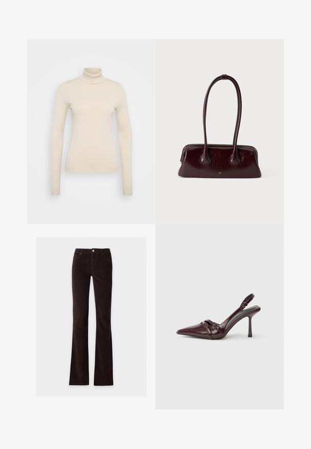 Vero Moda Tall VMHAPPINESS ROLLNECK - Striktrøje - oatmeal; Mørkebrune ribbukser med bæltestropper, forlommer, knap og let udvidede ben på en lysegrå baggrund.; Bourgogne laklæder slingback-hæl med spids tå, tynd ankelrem og lille dekorativ spænde. Glat tekstur og høj hæl.; Mørkebrunt blankt læderhåndtaske med lange, tynde håndtag og en struktureret rektangulær bund på en ensfarvet lys baggrund.