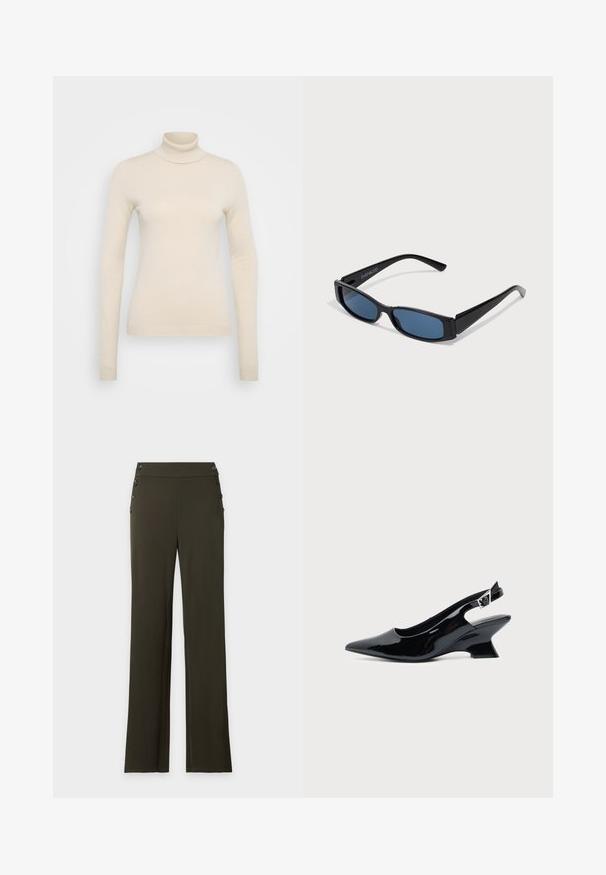 Vero Moda Tall VMHAPPINESS ROLLNECK - Jersey de punto - oatmeal; Pantalón verde oscuro de cintura alta y corte recto, con botones negros a ambos lados de la cinturilla.; Zapato slingback de cuero charol negro con puntera puntiaguda y tacón bajo en bloque inclinado sobre fondo claro liso.; Gafas de sol negras con una elegante montura rectangular y lentes azules. Presentan una textura suave y varillas resistentes. Logo de la marca en el costado.