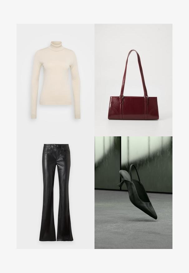 Vero Moda Tall VMHAPPINESS ROLLNECK - Striktrøje - oatmeal; Sorte bukser i imiteret læder med fem-lomme-stil og vidde ben, med frontknap og lynlås.; Sort læder slingback højhælet sko med spids tå svævende over gråt tæppe, sløret grønlig væg i baggrunden.; Bordeaux håndtaske lavet af glansfuldt materiale, rektangulær form, med to skulderremme og subtile buede detaljer på forsiden.