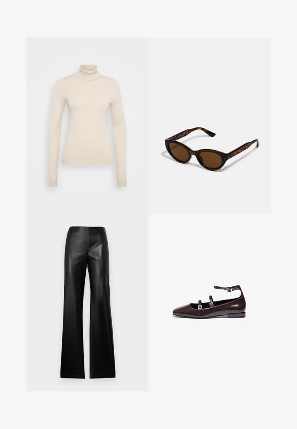 Vero Moda Tall VMHAPPINESS ROLLNECK - Jersey de punto - oatmeal; Pantalones de cuero negro acampanados con una textura suave, que cuentan con una cinturilla alta y un diseño simple, ajustándose en la parte superior y ensanchándose hacia el dobladillo.; Bailarinas de charol marrón con punta afilada, que presentan dos correas ajustables y hebillas de plata, además de un tacón cuadrado bajo.; Gafas de sol de carey marrón con una forma vintage de ojo de gato y lentes marrones. Presentan brazos curvados con acentos rojos.