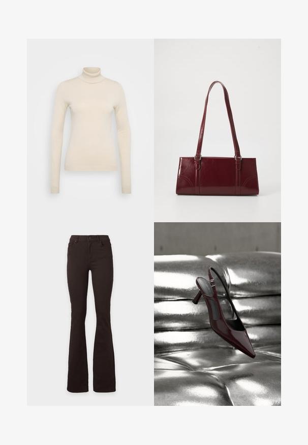 Vero Moda Tall VMHAPPINESS ROLLNECK - Džemper - oatmeal; Mustad kõrge vöökohaga, laieneva lõikega teksad nööbi ja lukuga, esi- ja tagataskutega, esitatud lihtsa valge tausta ees.; Läikiv tume punane kõrge kontsaga slingback-king, millel on terav nina, eksponeeritud läikival hõbedasel tikitud nahkpinnal.; Burgundia värvi käekott, mis on valmistatud läikivast materjalist, ristküliku kujuline, kahe õlapaelaga ning ees on peened kaarjad aktsendid.