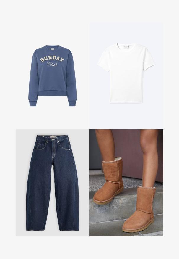 Sweat-shirt col rond bleu avec « SUNDAY Club » imprimé sur le devant en lettres blanches texturées et manches longues avec des poignets côtelés.; T-shirt blanc uni à manches courtes et col rond avec une petite étiquette "WEEKDAY" à l'intérieur de l'encolure, présenté à plat sur un fond clair.; Jean en denim bleu foncé, à coupe ample, avec des coutures claires, cinq poches et un bouton de fermeture à la taille.; Bottines en suede marron, à bout rond, avec une doublure douce et une semelle en caoutchouc, présentant des détails de couture visibles le long des coutures.