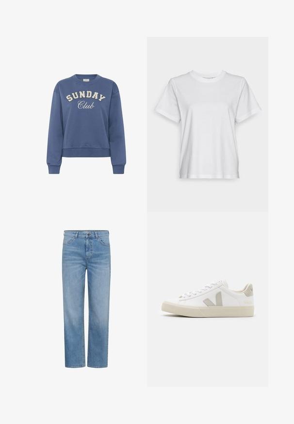 Sweat-shirt col rond bleu avec « SUNDAY Club » imprimé sur le devant en lettres blanches texturées et manches longues avec des poignets côtelés.; T-shirt en coton blanc à manches courtes, col rond et coupe décontractée. Texture lisse, sans motifs ni graphiques, design basique.; Jean droit bleu clair avec bouton et fermeture éclair à l'avant, passants de ceinture et poches avant.; Baskets blanches en cuir avec des accents gris en forme de V, semelle en caoutchouc texturé, lacets blancs, et languette et col rembourrés.
