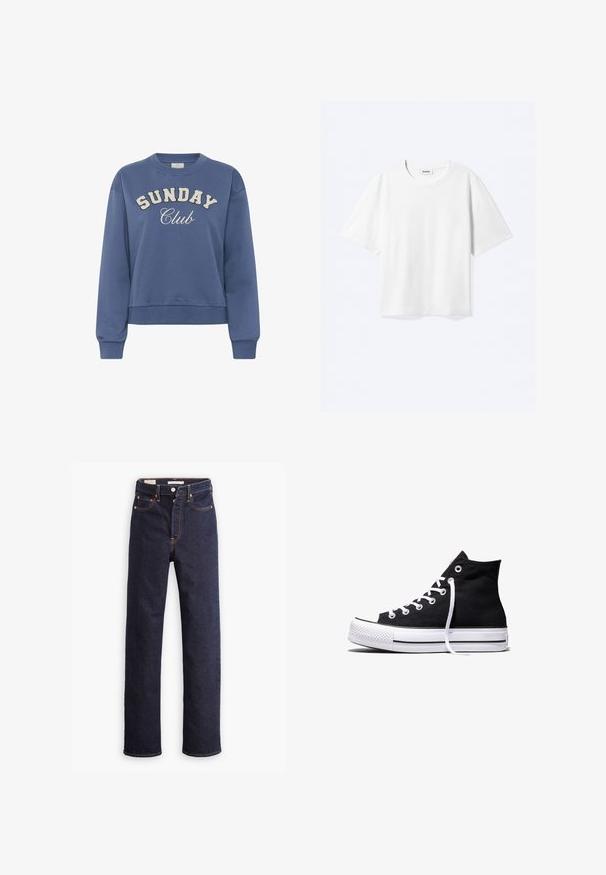 Sweat-shirt col rond bleu avec « SUNDAY Club » imprimé sur le devant en lettres blanches texturées et manches longues avec des poignets côtelés.; T-shirt blanc à manches courtes avec col rond et ourlet droit, étiquette de marque "WEEKDAY" à l’intérieur de l’encolure.; Jean en denim droit bleu foncé avec cinq poches et coutures orange visibles sur un fond blanc.; Baskets montantes en toile noire avec semelle en caoutchouc blanche et lacets blancs, vues de côté sur un fond blanc.