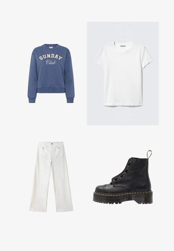 Sweat-shirt col rond bleu avec « SUNDAY Club » imprimé sur le devant en lettres blanches texturées et manches longues avec des poignets côtelés.; T-shirt blanc simple à manches courtes et col rond avec une étiquette "WEEKDAY" à l'intérieur du col, présenté sur un fond gris clair.; Pantalon blanc à jambes larges avec poches plaquées devant et boutons métalliques à la taille et sur les poches.; Bottines en cuir noir avec surface texturée, bout arrondi, lacets, coutures jaunes et une épaisse semelle noire crantée.