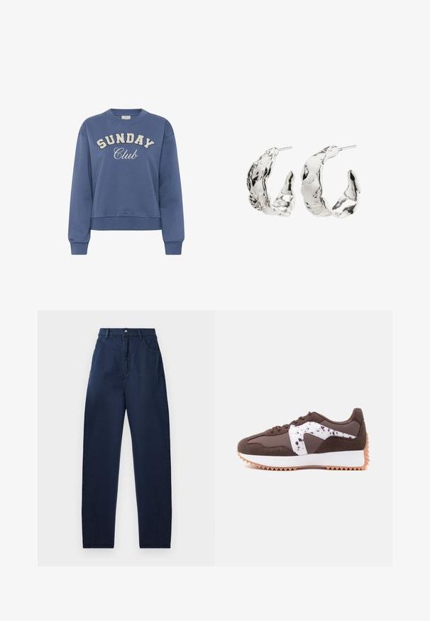 Sininen crewneck-huppari, jossa edessä valkoisilla tekstuurilla painettu "SUNDAY Club" ja pitkät ribbikujat.; Tummansiniset korkeavyötäröiset housut suoran leikkauksen kanssa, valmistettu sileästä kankaasta. Ne sisältävät etupainikkeen sulkemisen, vyölenkit ja kaksi sivutaskua.; Ruskea urheilukenkä valkoisella pohjalla, piikikäs kumipohja ja valkoinen täplikäs sivukoriste, esitetty sivuprofiilissa vaalealla taustalla.; Hopehopeet hopehopeita abstraktilla, teksturoidulla muotoilulla. Ne sisältävät epätasaisia muotoja ja kiiltävän pinnan, mikä korostaa ainutlaatuisia kontuureja.