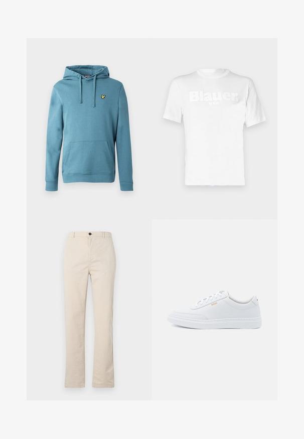 Lichte blauwe pullover hoodie, gemaakt van een katoenmix, met een voorkangoeroezak en een klein geel logo geborduurd op de borst.; Witte katoenen t-shirt met korte mouwen, met een verhoogd, ton-sur-ton "Blauer" logo en "USA" tekst op de voorzijde. Gladde textuur.; Lichtbeige katoenen broek met een rechte pijpdesign, voorzien van een knoopsluiting aan de voorkant, een ritssluiting en minimale stikdetails.; Witte leren sneakers met een gladde textuur, ronde neus en tonale stiksels. Voorzien van blauwe veters en een gouden logo op de zijkant.