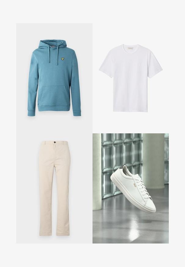Lys blå pullover-hoodie lavet af bomuldsblanding, med en frontkangurulomme og et lille gult logo broderet på brystet.; Hvidt ensfarvet T-shirt med korte ærmer og rund hals, med lille præget logo på venstre bryst og mærke indeni kraven.; Lyse beige bomuldsbukser med lige ben-design, der har en frontknaplukning, lynlåslukning og minimale syninger.; Hvid læder lav-top sneaker med snørebånd, sort hælflig og "BOSS"-logo, svævende indendørs nær glasblok væg og poleret gulv.
