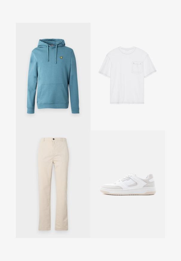 Sudadera con capucha en azul claro, hecha de mezcla de algodón, con un bolsillo canguro frontal y un pequeño logo amarillo bordado en el pecho.; Camiseta de algodón blanca con mangas cortas, cuello redondo y un bolsillo en el pecho. Presenta costuras en contraste a lo largo de los bordes.; Pantalones de algodón beige claro con un diseño de pierna recta, que cuentan con un cierre frontal de botón, cremallera y detalles de costura mínimos.; Zapatilla de perfil bajo en blanco y beige claro con cierre de cordones, cuello acolchado y suela de goma sobre un fondo claro y liso.
