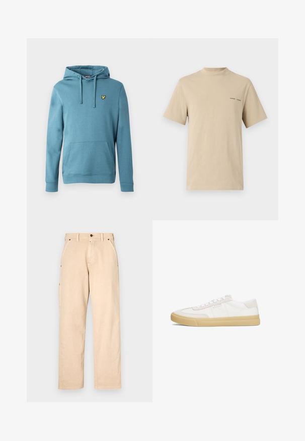 Lichte blauwe pullover hoodie, gemaakt van een katoenmix, met een voorkangoeroezak en een klein geel logo geborduurd op de borst.; Beige katoenen t-shirt met een ronde halslijn en korte mouwen. Beschikt over een subtiele zwarte "SAMSOE" tekstlogo op de borst.; Beige katoenen pantalons met rechte pijpen, voorzien van zijzakken, riemlussen en een knoopsluiting aan de voorkant. Glad textuur, minimalistisch design.; Witte sneakers van leer en suède, met een vetersluiting, een tan rubberen zool en een klein logo aan de zijkant.