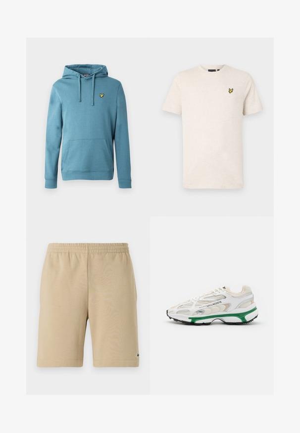 Sudadera con capucha en azul claro, hecha de mezcla de algodón, con un bolsillo canguro frontal y un pequeño logo amarillo bordado en el pecho.; Camiseta beige de manga corta con cuello redondo y pequeño logo de pájaro amarillo en el pecho izquierdo, mostrada sobre un fondo liso.; Pantalones cortos de algodón beige con cintura elástica, diseño hasta la rodilla y un pequeño detalle del logo en el lado izquierdo. Textura suave y corte sencillo.; Zapatilla blanca con acento verde y suela de goma negra. Presenta paneles de malla y sintéticos, con un acabado texturizado y costuras visibles.