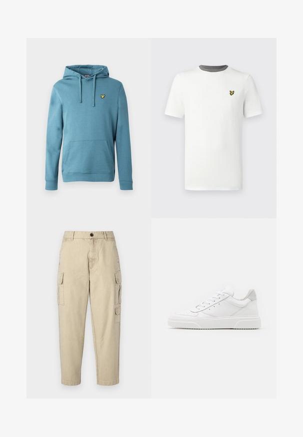 Lichte blauwe pullover hoodie, gemaakt van een katoenmix, met een voorkangoeroezak en een klein geel logo geborduurd op de borst.; Wit katoenen t-shirt met een ronde hals, korte mouwen en een grijze halsboord; heeft een klein geel geborduurd logo op de borst.; Beige cargobroek gemaakt van zachte stof, met zijzakken, een knoopsluiting en een tapered leg ontwerp.; Witte leren sneakers met een gladde afwerking, ronde neus, platte veters en een gestructureerde zool. Grijze suède accent bij de hiel.