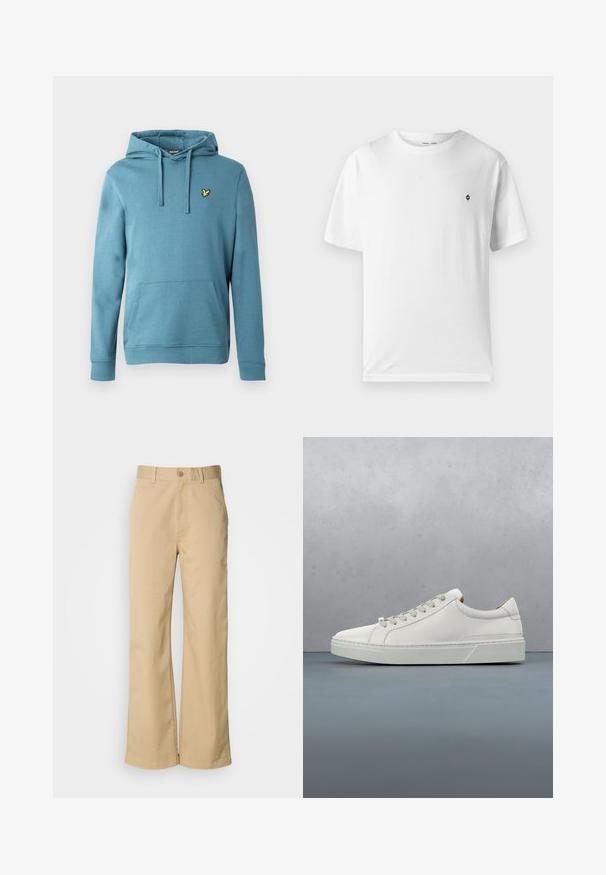 Sudadera con capucha en azul claro, hecha de mezcla de algodón, con un bolsillo canguro frontal y un pequeño logo amarillo bordado en el pecho.; Camiseta blanca de algodón con cuello redondo, mangas cortas y un pequeño logo negro en el pecho. Textura suave, corte casual.; Pantalones beige de pierna ancha, hechos de una mezcla de algodón. Presentan un cierre de botón y trabillas para cinturón. Textura suave, con detalles de costura mínimos.; Zapatilla blanca de cuero con punta redondeada, diseño minimalista, cordones grises y suela de goma texturizada gris. Detalles de costura sutiles visibles.