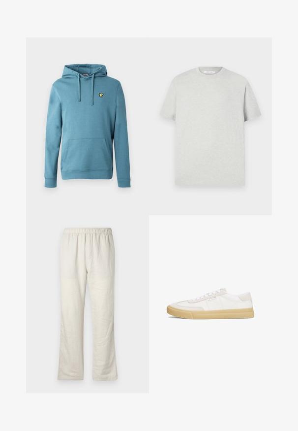Sudadera con capucha en azul claro, hecha de mezcla de algodón, con un bolsillo canguro frontal y un pequeño logo amarillo bordado en el pecho.; Camiseta de manga corta gris claro hecha de material suave, con cuello redondo y un corte relajado, sin patrones ni acentos visibles.; Pantalones de lino beige ligeros con cintura elástica, corte recto y sin bolsillos ni cierres visibles.; Zapatillas blancas de cuero y ante, con un diseño de cordones, suela de goma en tono marrón y un pequeño logo en el lateral.