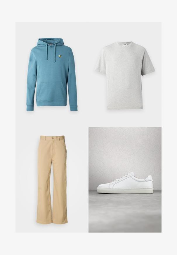 Lys blå pullover-hoodie lavet af bomuldsblanding, med en frontkangurulomme og et lille gult logo broderet på brystet.; Grå kortærmet t-shirt lavet af blødt stof. Har rund hals, afslappet pasform og ingen mønstre eller logoer. Glat tekstur hele vejen igennem.; Beige, vidde bukser lavet af en bomuldsblanding. Har en knaplukning og bæltestropper. Glat tekstur med minimale syninger.; Hvide sneakers med en glat læderoverdel og lav profil. Har en rund tå, seks snørehuller og en tekstureret gummisål.