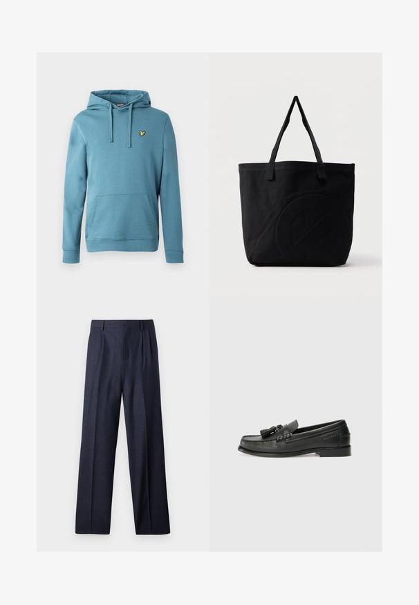 Sudadera con capucha en azul claro, hecha de mezcla de algodón, con un bolsillo canguro frontal y un pequeño logo amarillo bordado en el pecho.; Pantalones de lana azul marino con un corte ajustado, que presentan un frente plisado y piernas anchas. Textura suave y líneas limpias, adecuados para ocasiones formales.; Mocasines de cuero negro con punta redondeada, borlas decorativas y un diseño cosido. Suela plana con una sutil marca en el lateral.; Bolsa tote de lona negra con dos correas para el hombro y un diseño circular en relieve sutil en el frente.