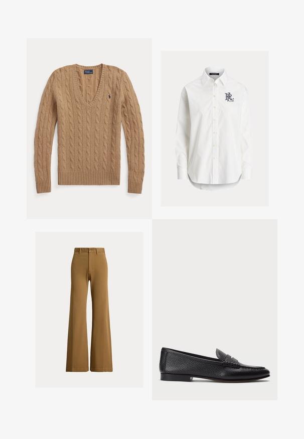 Kamelbrauner, kabelgestrickter V-Ausschnitt-Pullover mit langen Ärmeln und kleinem, besticktem Polo Ralph Lauren-Logo auf der Brust.; Weißes langärmeliges Hemd mit Knöpfen und spitzem Kragen sowie schwarzem, gesticktem Logo auf der linken Brust.; Braune, hochtaillierte und weit geschnittene Hose mit Gürtelschlaufen, vorderer Knopfleiste und Reißverschluss vor hellem Hintergrund.; Schwarze Lederloafers mit strukturiertem Finish, ausgestattet mit einem dekorativen Riemen und flachem Absatz. Schlankes, minimales Design mit abgerundeter Spitze.