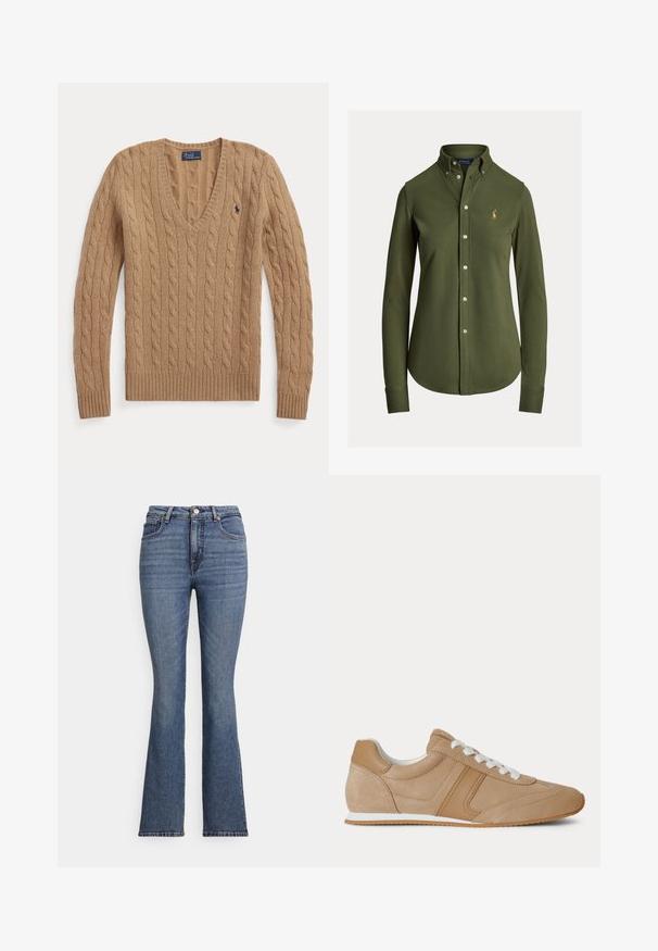 Kamelbrun kabelstrikket V-hals sweater med lange ærmer og lille broderet Polo Ralph Lauren-logo på brystet.; Langærmet skjorte i olivengrøn, lavet af blødt stof, med klassisk krave og broderet logo på venstre bryst.; Blå, vidde udadgående denimjeans med høj talje, der har fem lommer, kontrastsyede sømme og en glat tekstur.; Lysebrun ruskind og læder lavtop-sneaker med hvide snørebånd og hvid gummisål vist fra siden på en hvid baggrund.