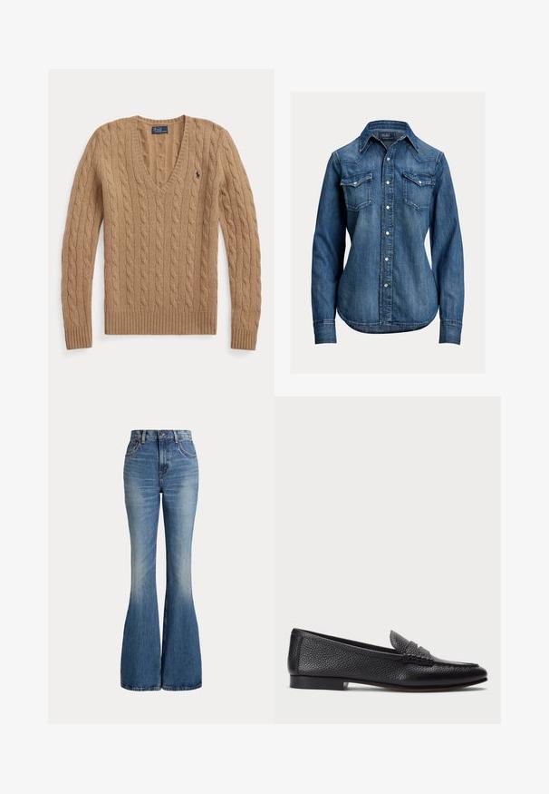 Jersey de punto trenzado color marrón camello con cuello en V, mangas largas y pequeño logo bordado de Polo Ralph Lauren en el pecho.; Camisa de mezclilla azul de manga larga con botones a presión de perla, dos bolsillos de solapa en el pecho y un cuello puntiagudo de Polo Ralph Lauren.; Vaqueros de mezclilla azul de talle alto con piernas acampanadas y ligero desgaste en la zona delantera del muslo, mostrados sobre fondo blanco.; Mocasin de cuero negro con acabado texturizado, que cuenta con una correa decorativa y tacón plano. Diseño elegante y minimalista con punta redondeada.