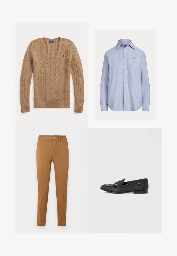 Kamelovo hnedý sveter s vrkočovým vzorom a výstrihom do V, dlhé rukávy a malé vyšívané logo Polo Ralph Lauren na hrudi.; Svetlomodrá košeľa s dlhým rukávom na gombíky, so špicatým golierom a malým vyšitým logom na ľavej strane hrude.; Kaki nohavice rovného strihu s prednými vreckami, pútkami na opasok a zapínaním na gombíky, zobrazené položené na bielom pozadí.; Čierna kožená mokasína s textúrovaným povrchom, detailom na uchytenie mincí, úzkym profilom, jemným logom na boku a nízkym, plochým podpätkom.