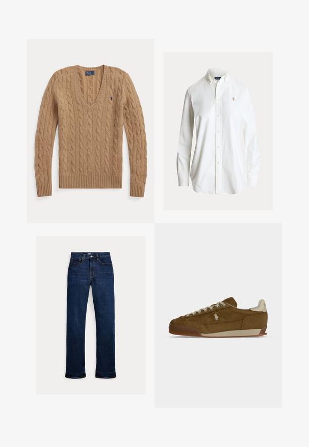 Kaamelpruun palmikpunutud V-kaelusega kampsun pikkade varrukatega ja väike Polo Ralph Laureni tikitud logo rinnal.; Valge pikakäistega nööbitav särk nööbitava kraega ja väike vasakul rinnal tikitud polo mängija logo.; Tumesinised sirge säärega teksapüksid, eesmine nööp ja lukk, viie taskuga disain ning nähtavad õmblused.; Pruun seemisnahast tennisejalanõu kreemikate paelte, paksu tallaga ja väike valge tikandiga logoga küljel.