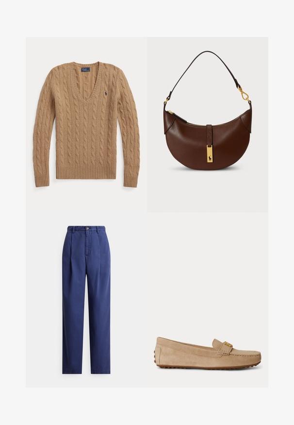 Jersey de punto trenzado color marrón camello con cuello en V, mangas largas y pequeño logo bordado de Polo Ralph Lauren en el pecho.; Pantalones azul marino de corte recto, con pliegues delanteros, cierre con botón y una tela de algodón suave. Diseño simple sin estampados.; Mocasín beige de ante sin cordones con detalles de costuras, una hebilla metálica dorada en la parte superior y una suela de goma con tacos antideslizantes.; Bolso de cuero marrón con forma curva, detalles de hardware en oro, cierre de cremallera y una pequeña placa con el logo en el frente.