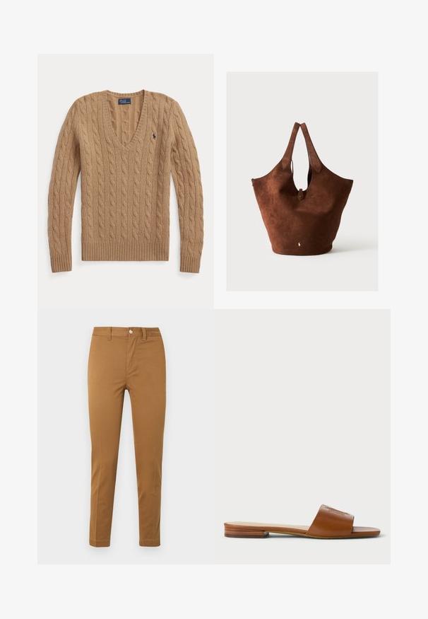 Kamelbrun kabelstrikket V-hals sweater med lange ærmer og lille broderet Polo Ralph Lauren-logo på brystet.; Khaki bukser med lige ben, forlommer, bæltestropper og knaplukning, vist fladt på hvid baggrund.; Brune læder slide sandal med en bred rem og præget detaljering, flad sål med en let træaccent på hælen, minimalistisk design.; Stor brun ruskindstaske med to håndtag, en lille rem med knaplukning og en hvid broderet logo tæt på nederste midte.