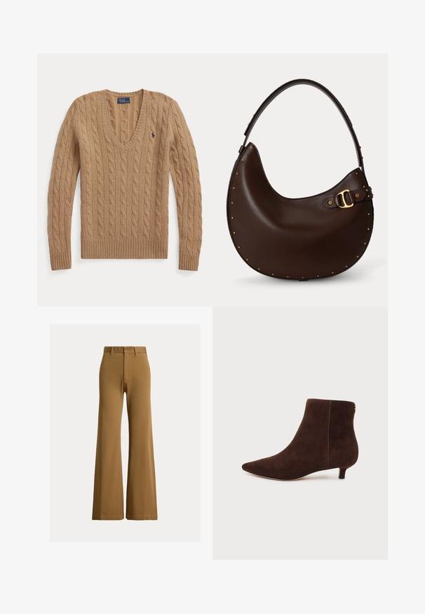 Jersey de punto trenzado color marrón camello con cuello en V, mangas largas y pequeño logo bordado de Polo Ralph Lauren en el pecho.; Pantalones marrones de talle alto y pierna ancha con trabillas para cinturón, botón delantero y cierre de cremallera sobre un fondo claro.; Botín de ante marrón oscuro con punta puntiaguda y tacón bajo tipo kitten, mostrado desde el lado interior sobre un fondo blanco.; Bolso de mano de piel color marrón oscuro en forma de media luna con un asa, pequeñas tachuelas doradas a lo largo de los bordes y un detalle de hebilla dorada en el lateral.