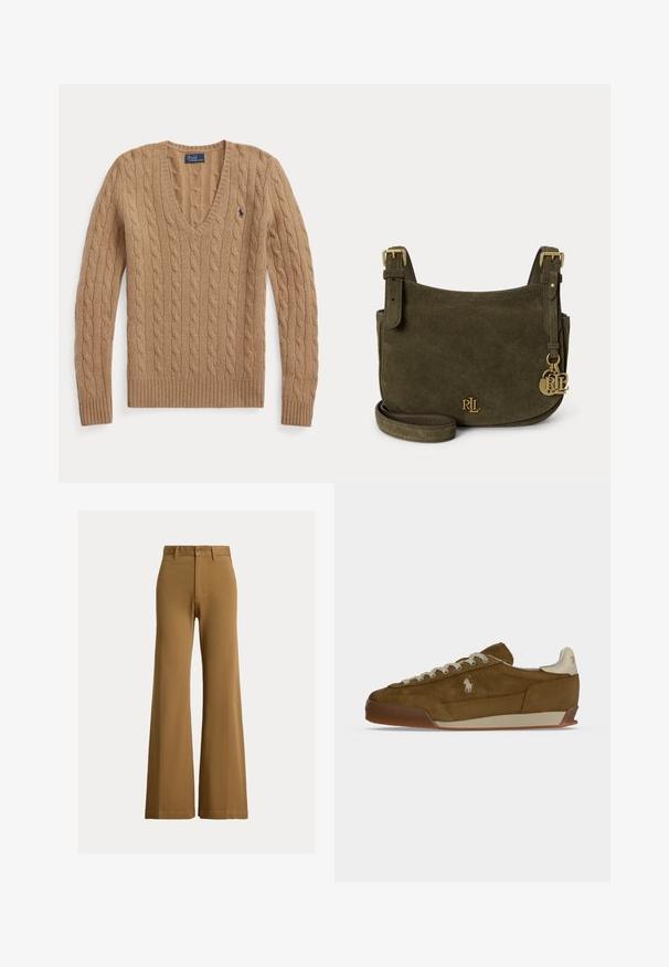 Kamelovo hnedý sveter s vrkočovým vzorom a výstrihom do V, dlhé rukávy a malé vyšívané logo Polo Ralph Lauren na hrudi.; Hnedé nohavice s vysokým pásom a širokými nohavicami, s pútkami na opasok, predným zapínaním na gombíky a zipsom na svetlom pozadí.; Hnedá semišová teniska s krémovými šnúrkami, hrubou podrážkou a malým bielym vyšitým logom na boku.; Dobozková kabelka zo semišu olivovo zelenej farby s nastaviteľnými popruhmi, zlatým logom RL na prednej strane a zodpovedajúcimi zlatými príveskami s logom visiace na boku.