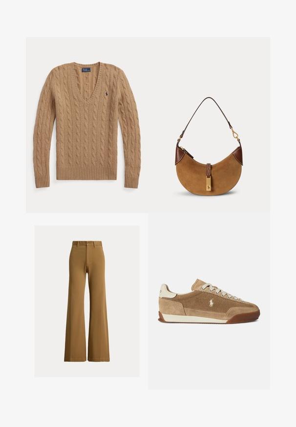 Kamelbrun kabelstrikket V-hals sweater med lange ærmer og lille broderet Polo Ralph Lauren-logo på brystet.; Brune højtaljede viddebukser med bæltestropper, forreste knap og lynlås lukning mod en lys baggrund.; Lysebrune ruskindsneakers med lav profil, cremefarvede detaljer, snørelukning og gummiydersål. Har en lille logo på siden.; Brun ruskind halv-måne taske med mørkebrune læderdetaljer, guldfarvet hardware og kort skulderrem.