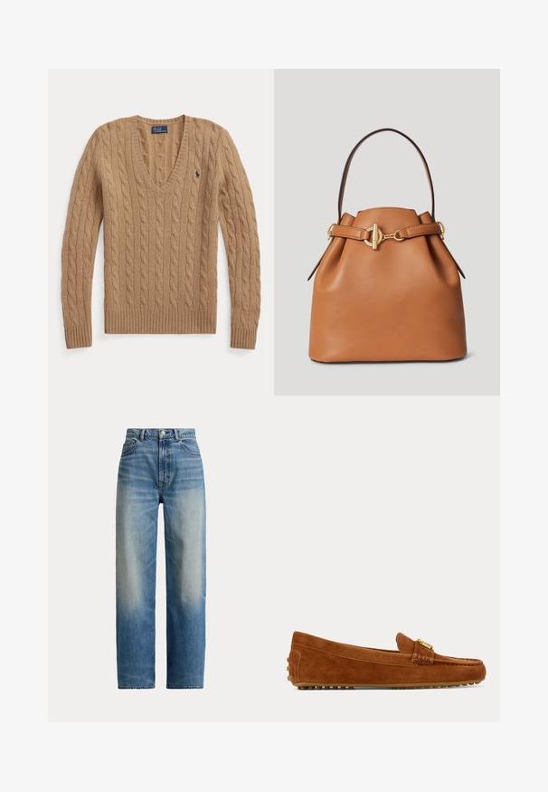 Kamelbrun kabelstrikket V-hals sweater med lange ærmer og lille broderet Polo Ralph Lauren-logo på brystet.; Blå jeans med høj talje og lige ben, der er falmet foran og har klassisk fem-lomme design, knaplukning og lynlås.; Brun ruskind loafer med gulddetalje og gummisåle med små knopper, set fra siden på en ensfarvet baggrund.; Tan læder bucket taske med en rund bund, guld hardware og et håndtag på toppen. Har en snøret åbning med en dekorativ stropdetalje.