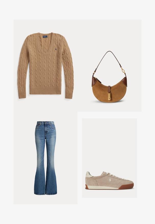 Kamelbrauner, kabelgestrickter V-Ausschnitt-Pullover mit langen Ärmeln und kleinem, besticktem Polo Ralph Lauren-Logo auf der Brust.; Hoch taillierte blaue Denim-Jeans mit ausgestellten Beinen und leichtem Verblassen im vorderen Oberschenkelbereich, vor weißem Hintergrund gezeigt.; Beiger Wildleder-Low-Top-Sneaker mit weißen Schnürsenkeln, weißem Logo an der Seite und brauner Gummisohle.; Braune Wildleder-Halbmonden-Handtasche mit dunkelbraunen Lederakzenten, goldfarbenen Beschlägen und kurzem Schulterriemen.