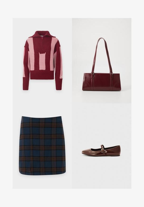 Pull en tricot avec un col en V profond et une fermeture éclair mi-hauteur. Blocs de couleurs bordeaux et rose pâle avec un design texturé à côtes.; Jupe mini en tartan bleu marine avec des lignes marron et grises, fabriquée dans un tissu lisse, avec une fente discrète au dos pour plus de liberté de mouvement.; Ballerine en cuir verni marron avec un bout carré et une lanière ornée d'une petite boucle dorée. Texture lisse, talon bas et design minimaliste.; Sac à main bordeaux en matériau brillant, de forme rectangulaire, avec deux anses et des accents légèrement courbés à l'avant.