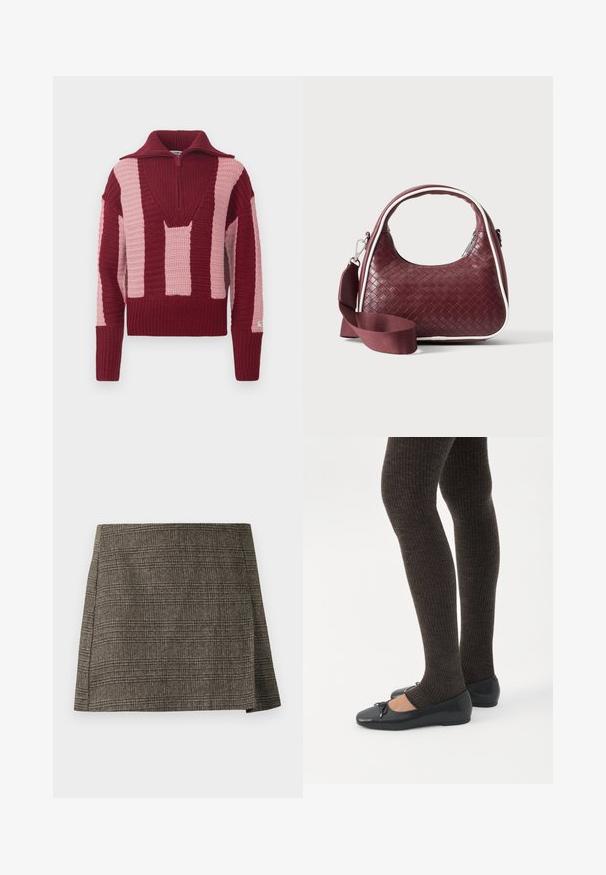 Pull en tricot avec un col en V profond et une fermeture éclair mi-hauteur. Blocs de couleurs bordeaux et rose pâle avec un design texturé à côtes.; Jupe mini à carreaux marron et gris avec une subtile fente latérale, coupe droite et tissu texturé.; Jambes portant des leggings côtelés foncés associés à des ballerines noires avec de petits détails en nœud sur fond blanc.; Sac à main en cuir tressé marron foncé avec poignée courbée, garniture blanche, fermeture éclair argentée et bandoulière large en tissu amovible sur fond uni.