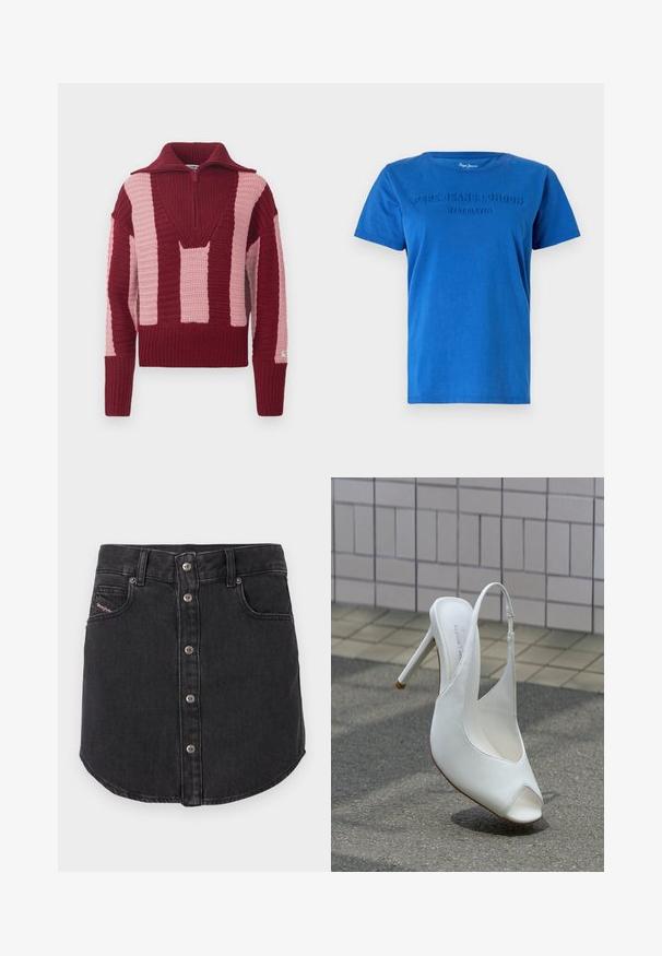 Pull en tricot avec un col en V profond et une fermeture éclair mi-hauteur. Blocs de couleurs bordeaux et rose pâle avec un design texturé à côtes.; T-shirt en coton bleu à manches courtes, arborant un texte en relief "PEPE JEANS LONDON WEST ELEVEN" sur la poitrine dans une couleur assortie.; Jupe en denim noire, courte, avec des boutons métalliques à l'avant, deux poches avant, passants de ceinture et ourlet arrondi.; Chaussure blanche à talon haut avec bride arrière et bout ouvert sur le trottoir devant un mur carrelé, projetant une ombre sur le sol.